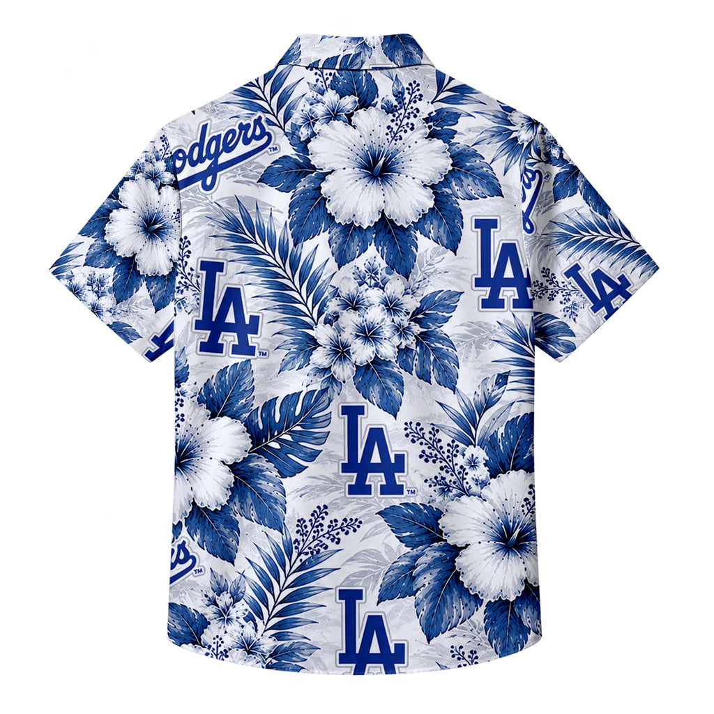White Blue Los Angeles Dodgers Hibiscus Floral Short Sleeve Button-Up Shirt