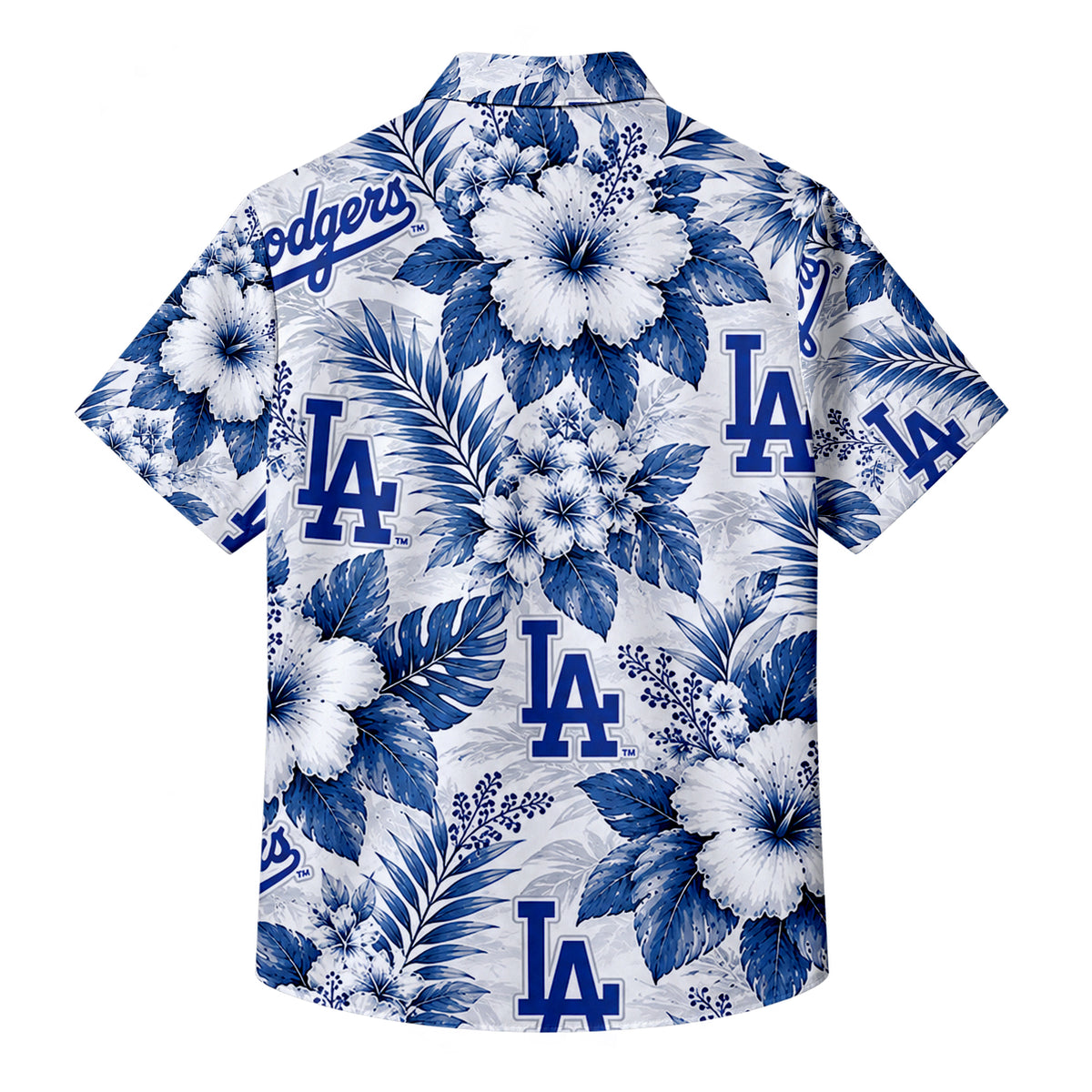 White Blue Los Angeles Dodgers Hibiscus Floral Short Sleeve Button-Up Shirt