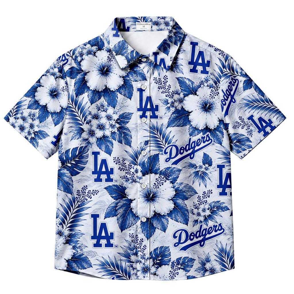White Blue Los Angeles Dodgers Hibiscus Floral Short Sleeve Button-Up Shirt