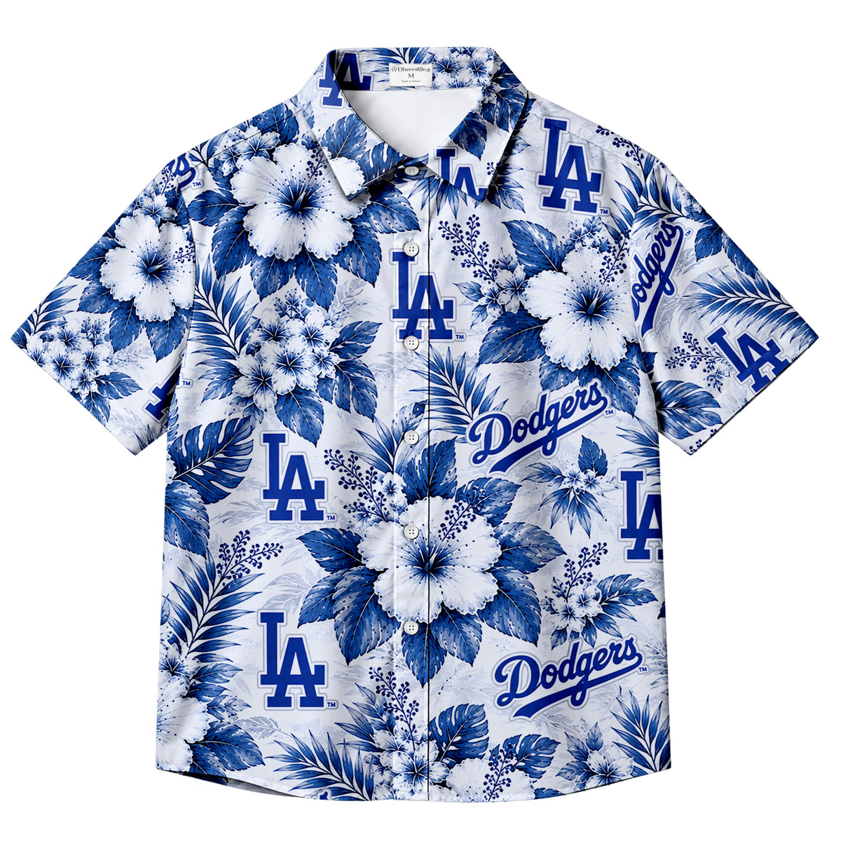 White Blue Los Angeles Dodgers Hibiscus Floral Short Sleeve Button-Up Shirt