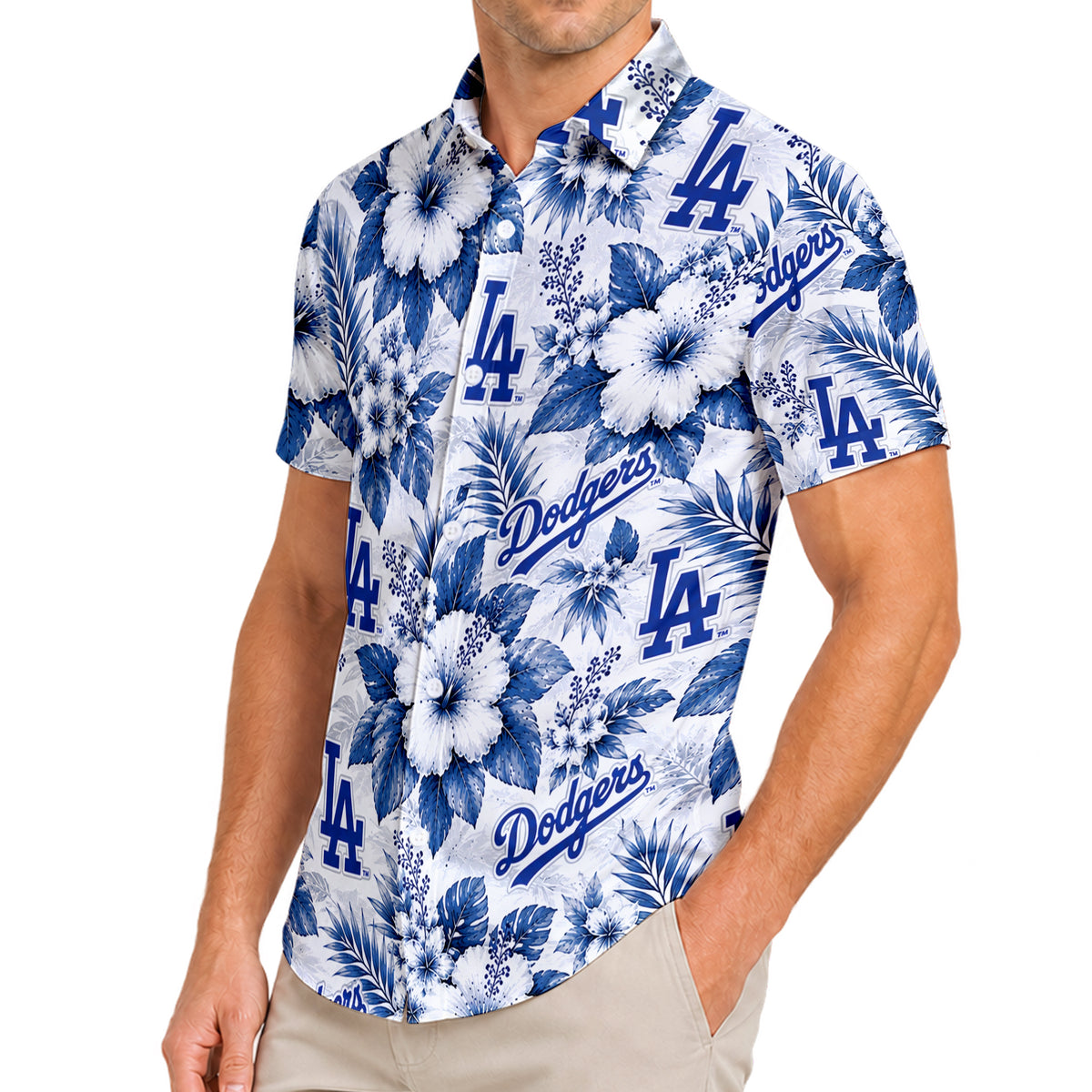 White Blue Los Angeles Dodgers Hibiscus Floral Short Sleeve Button-Up Shirt