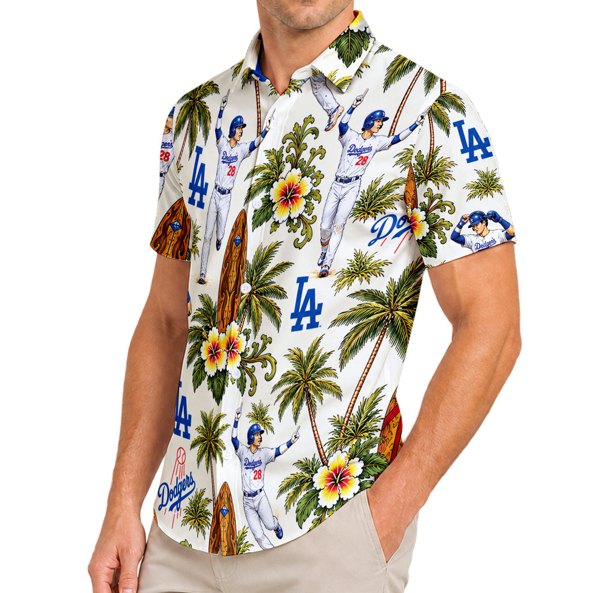 White Los Angeles Dodgers Baseball Tropical Palm Tree Short Sleeve Button-Up Shirt