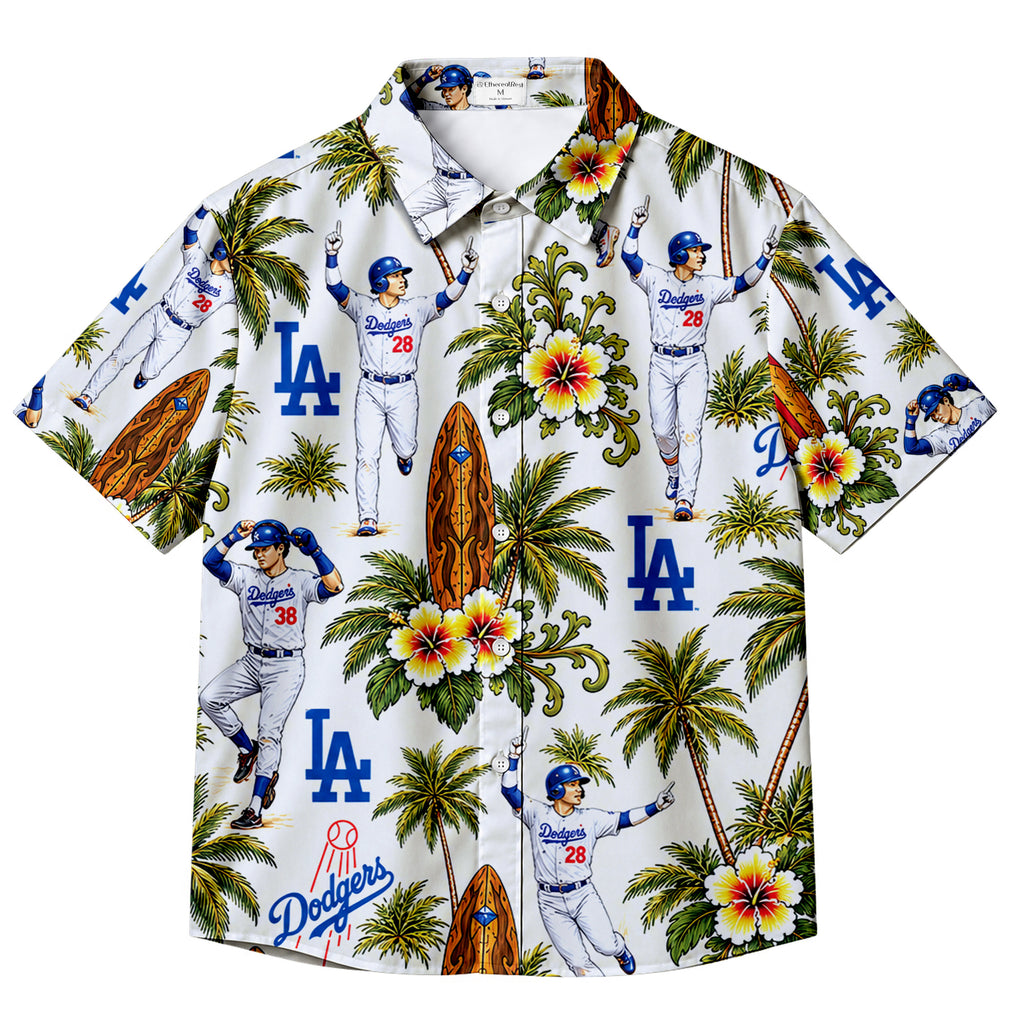 White Los Angeles Dodgers Baseball Tropical Palm Tree Short Sleeve Button-Up Shirt