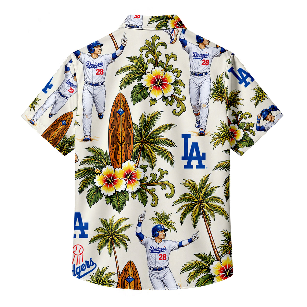 White Los Angeles Dodgers Baseball Tropical Palm Tree Short Sleeve Button-Up Shirt