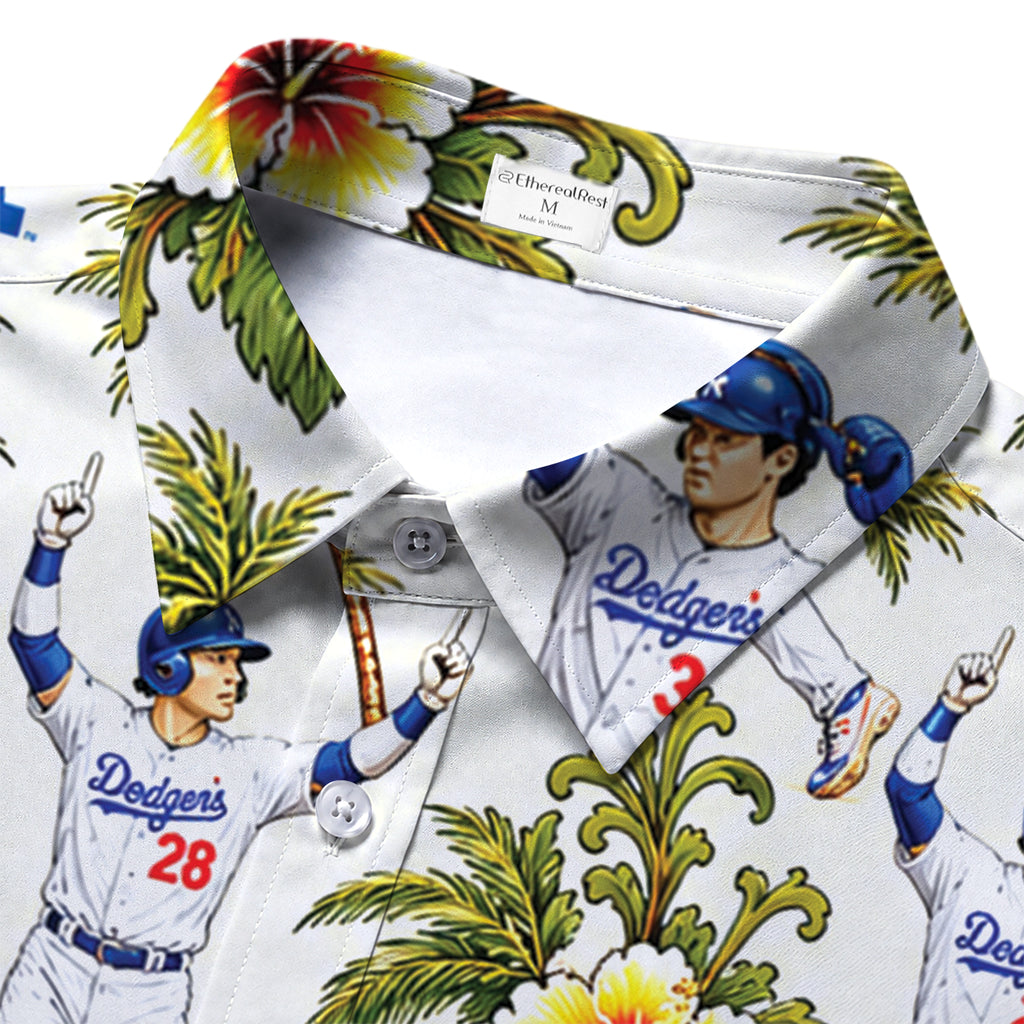 White Los Angeles Dodgers Baseball Tropical Palm Tree Short Sleeve Button-Up Shirt