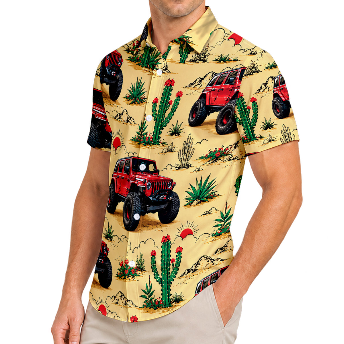 Tan Red Jeep Off-Road Desert Cactus Short Sleeve Button-Up Shirt