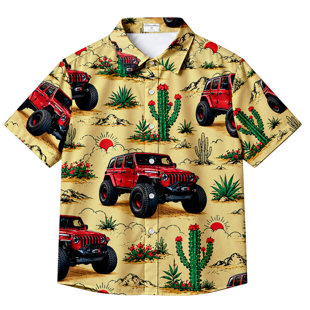 Tan Red Jeep Off-Road Desert Cactus Short Sleeve Button-Up Shirt