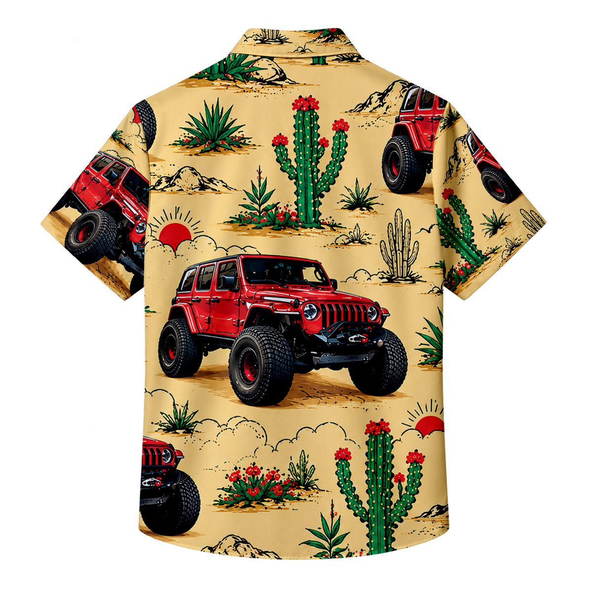 Tan Red Jeep Off-Road Desert Cactus Short Sleeve Button-Up Shirt