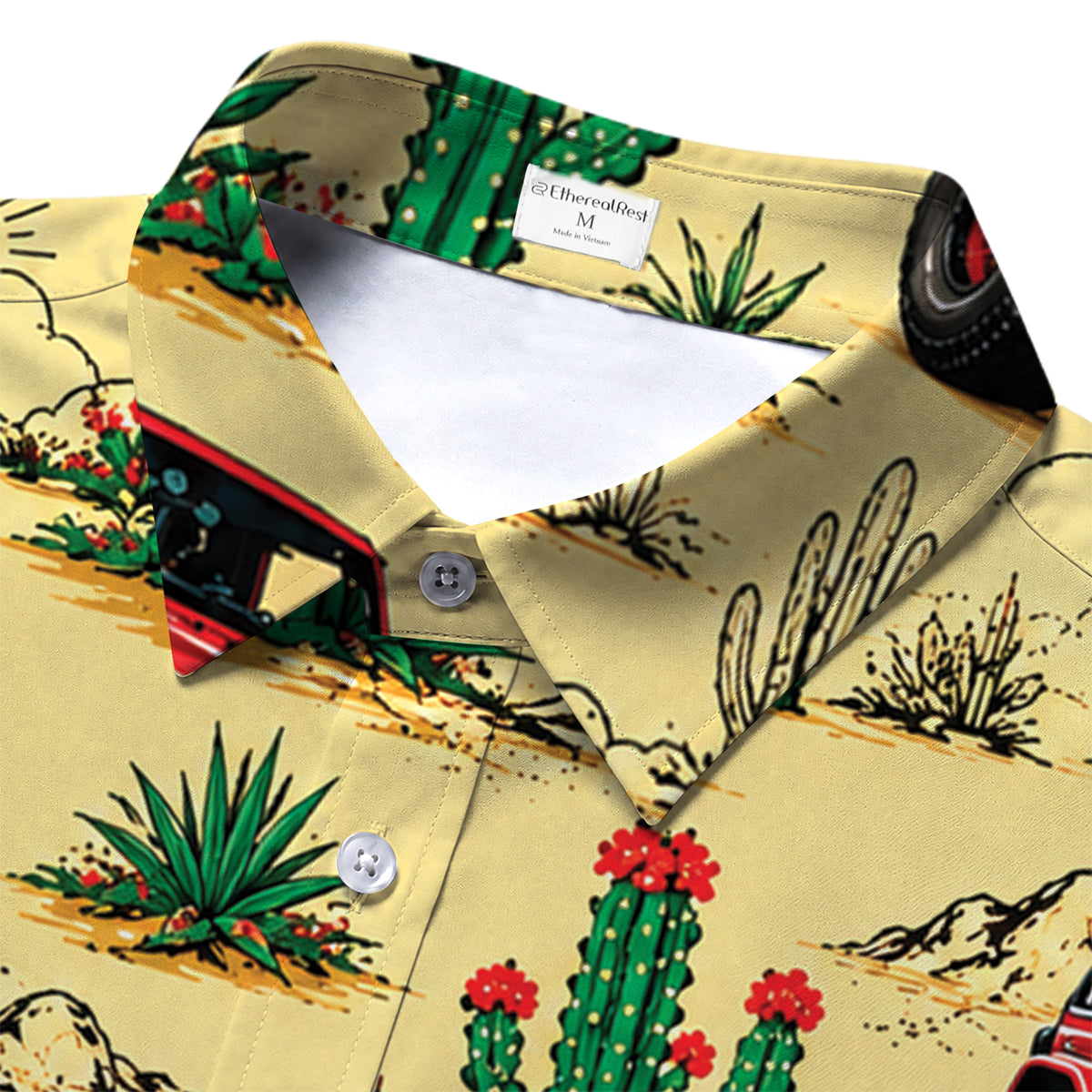Tan Red Jeep Off-Road Desert Cactus Short Sleeve Button-Up Shirt
