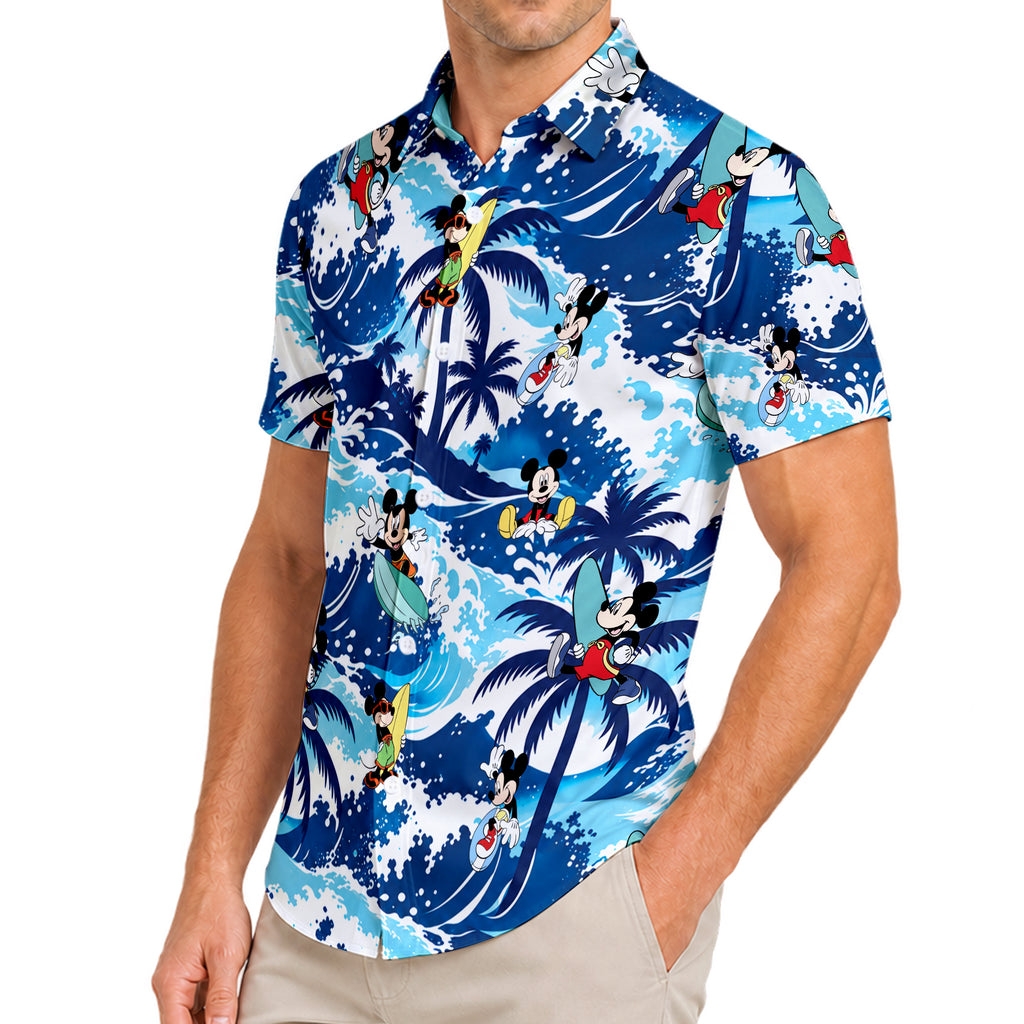 Mickey Mouse Surfing Tropical Wave Short Sleeve Button-Up Shirt