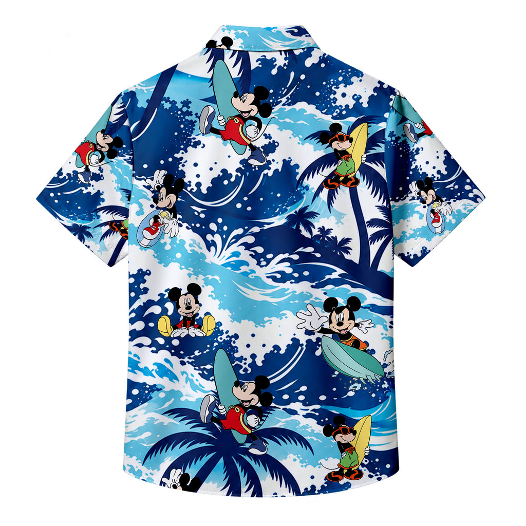 Mickey Mouse Surfing Tropical Wave Short Sleeve Button-Up Shirt