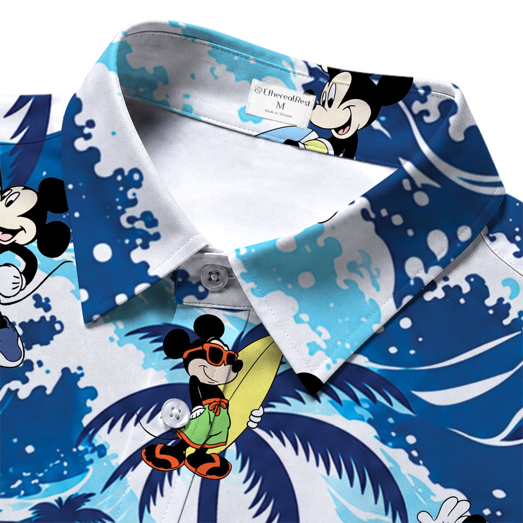 Mickey Mouse Surfing Tropical Wave Short Sleeve Button-Up Shirt