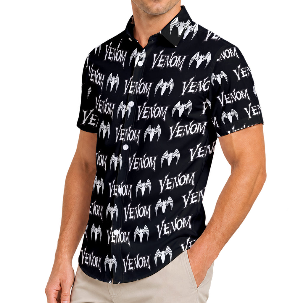 Marvel Venom Logo and Spider Emblem Short Sleeve Button-Up Shirt