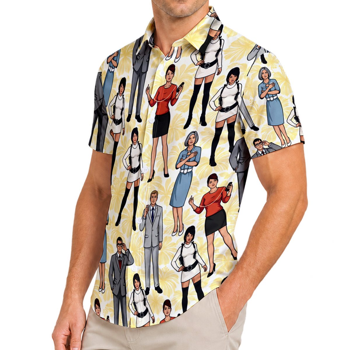 Archer Characters and Hibiscus Print Short Sleeve Button-Up Shirt