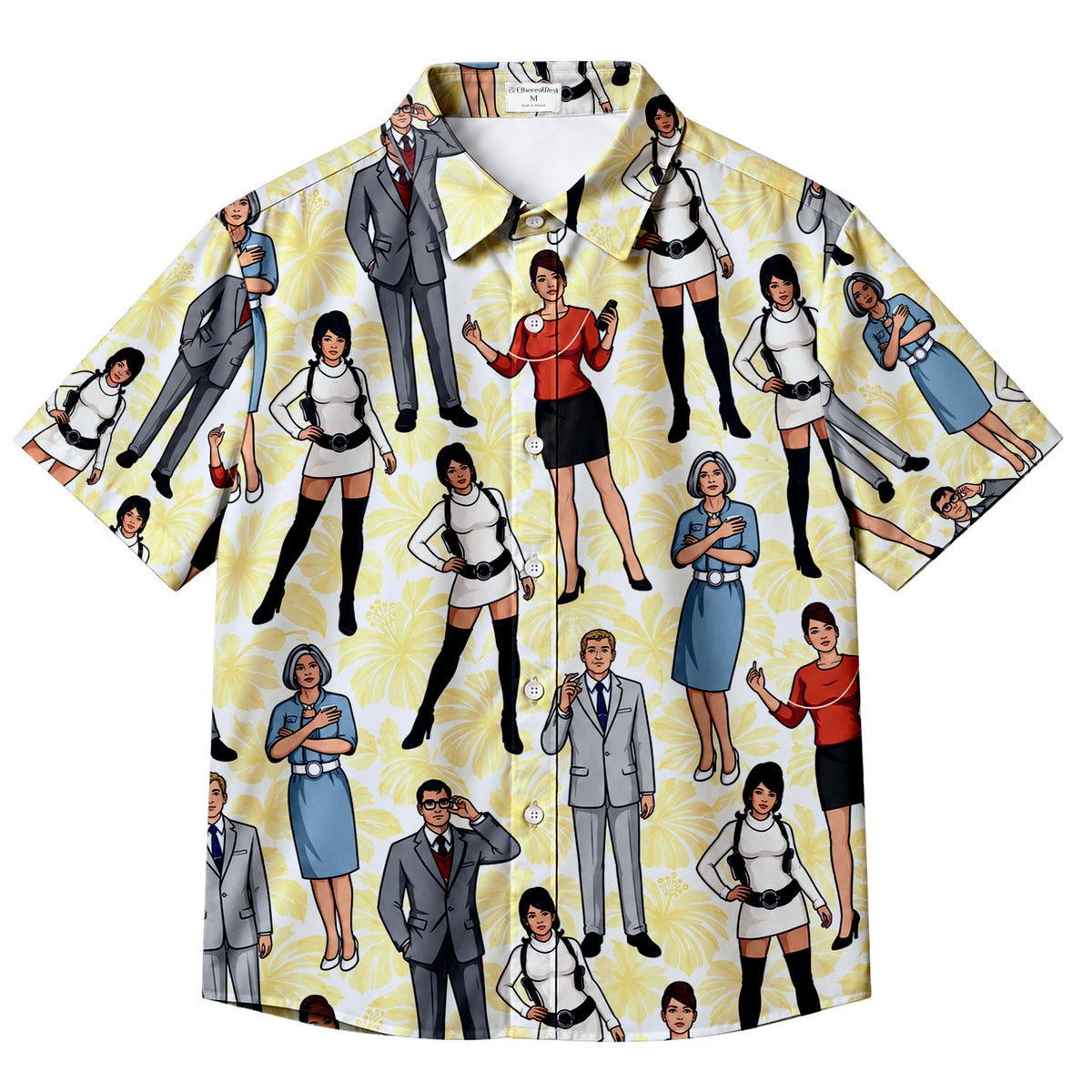 Archer Characters and Hibiscus Print Short Sleeve Button-Up Shirt