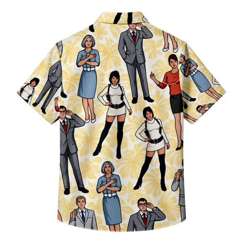 Archer Characters and Hibiscus Print Short Sleeve Button-Up Shirt