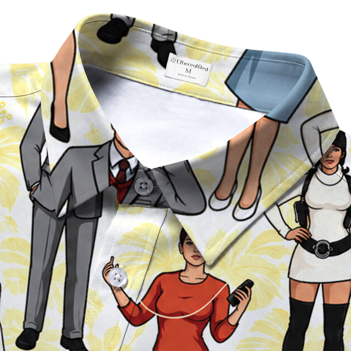 Archer Characters and Hibiscus Print Short Sleeve Button-Up Shirt