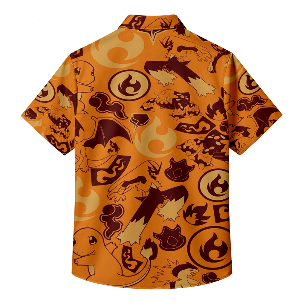 Pokemon Fire-Type Characters and Flame Pattern Short Sleeve Button-Up Shirt