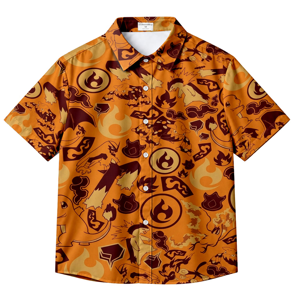 Pokemon Fire-Type Characters and Flame Pattern Short Sleeve Button-Up Shirt