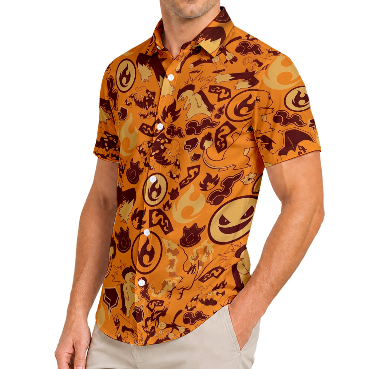 Pokemon Fire-Type Characters and Flame Pattern Short Sleeve Button-Up Shirt