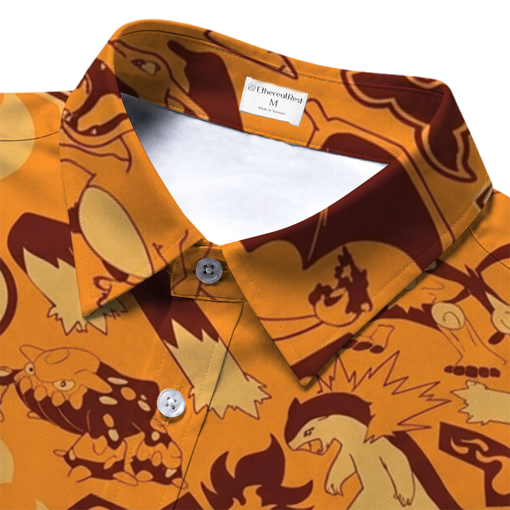 Pokemon Fire-Type Characters and Flame Pattern Short Sleeve Button-Up Shirt