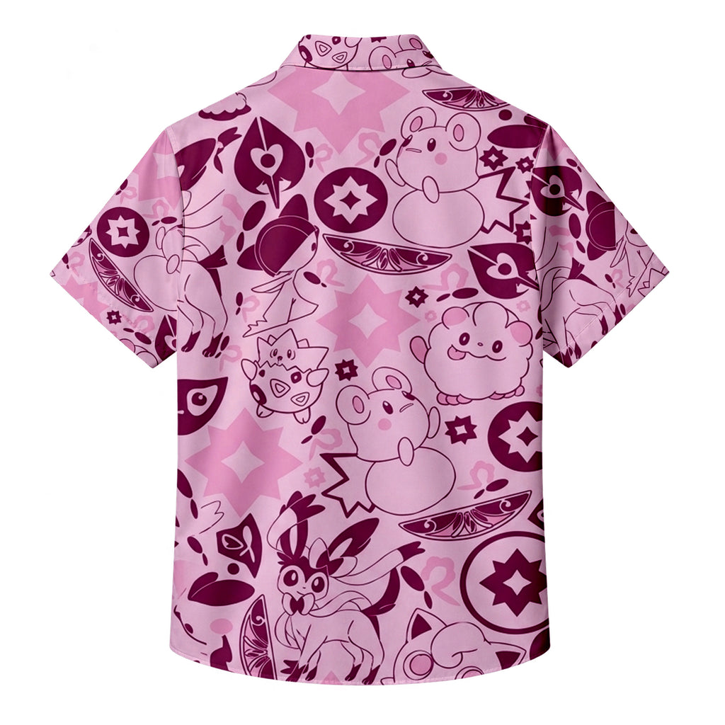 Pokémon Fairy-Type Characters and Symbol Pattern Short Sleeve Button-Up Shirt