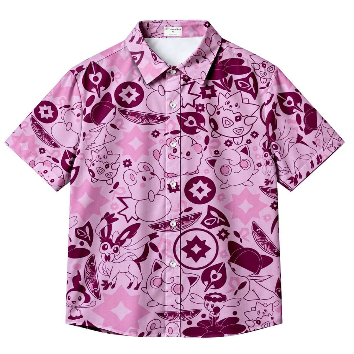 Pokémon Fairy-Type Characters and Symbol Pattern Short Sleeve Button-Up Shirt
