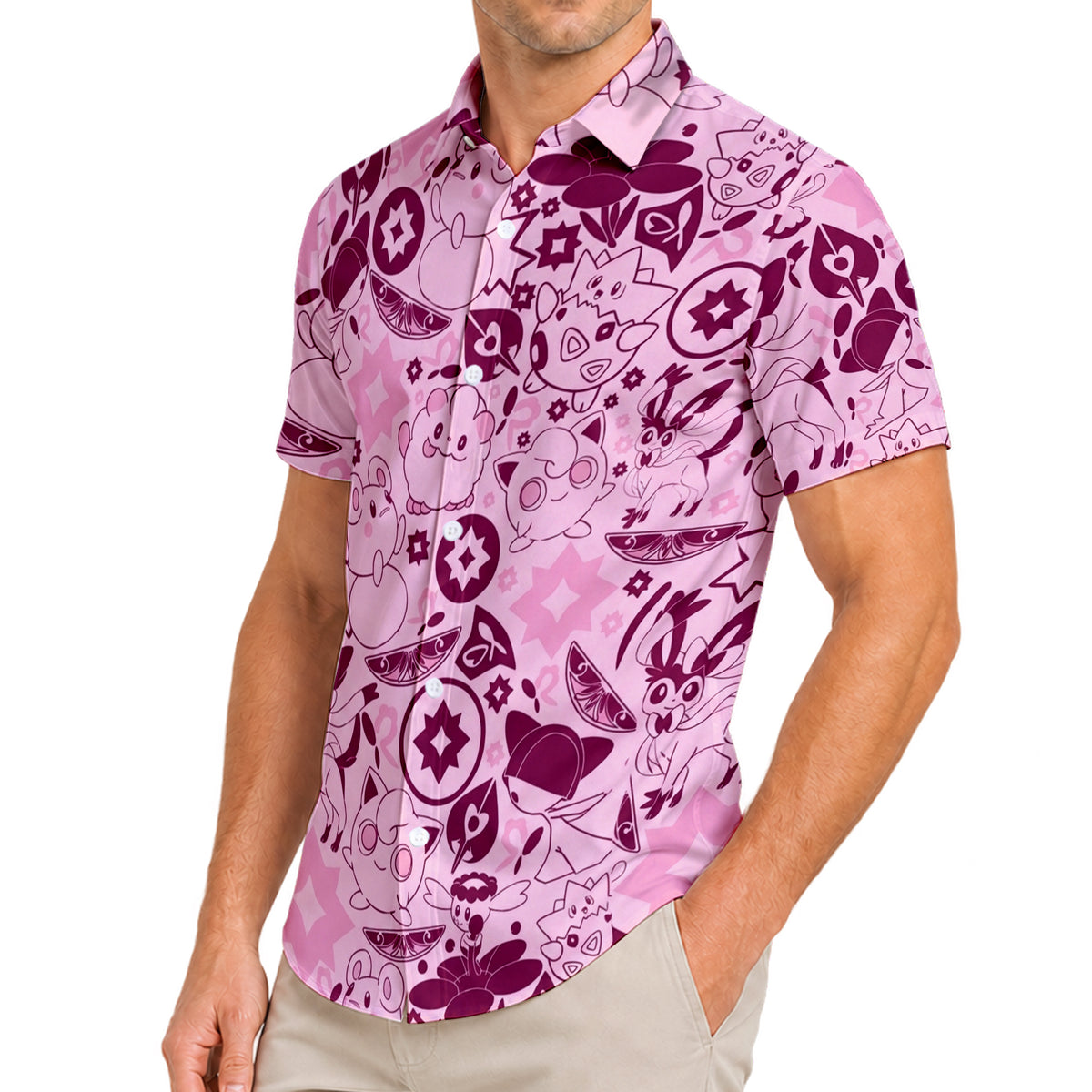 Pokémon Fairy-Type Characters and Symbol Pattern Short Sleeve Button-Up Shirt