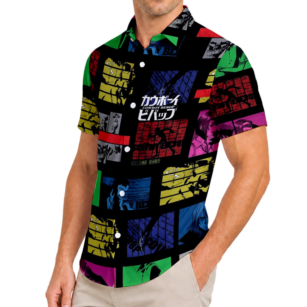 Cowboy Bebop Character Collage Print Short Sleeve Button-Up Shirt