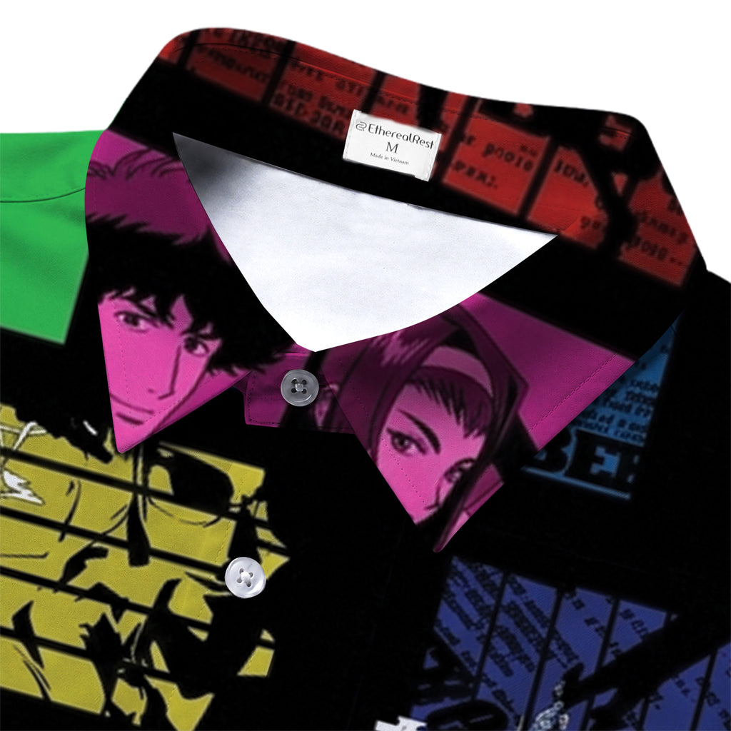 Cowboy Bebop Character Collage Print Short Sleeve Button-Up Shirt