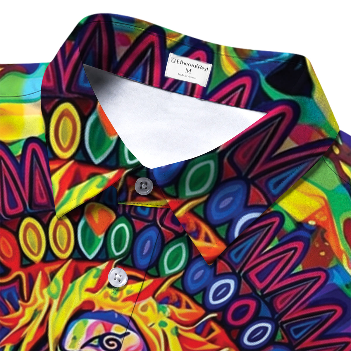 Anime Ninja Character and Psychedelic Symbol Pattern Short Sleeve Button-Up Shirt