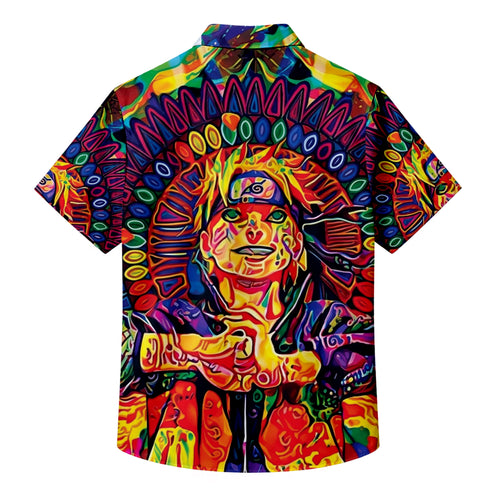 Anime Ninja Character and Psychedelic Symbol Pattern Short Sleeve Button-Up Shirt