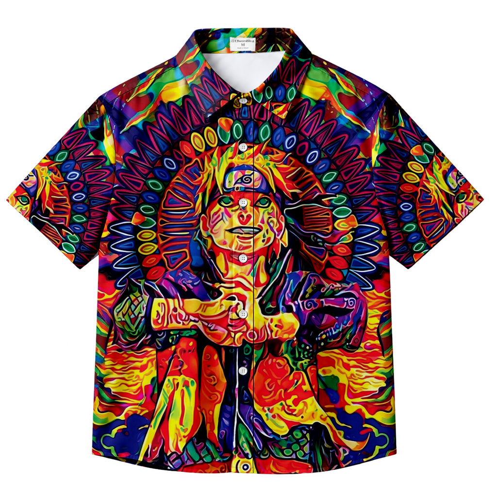 Anime Ninja Character and Psychedelic Symbol Pattern Short Sleeve Button-Up Shirt