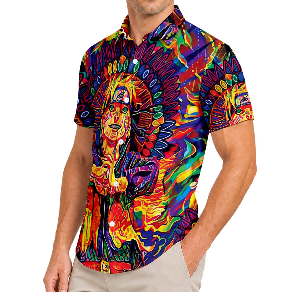 Anime Ninja Character and Psychedelic Symbol Pattern Short Sleeve Button-Up Shirt