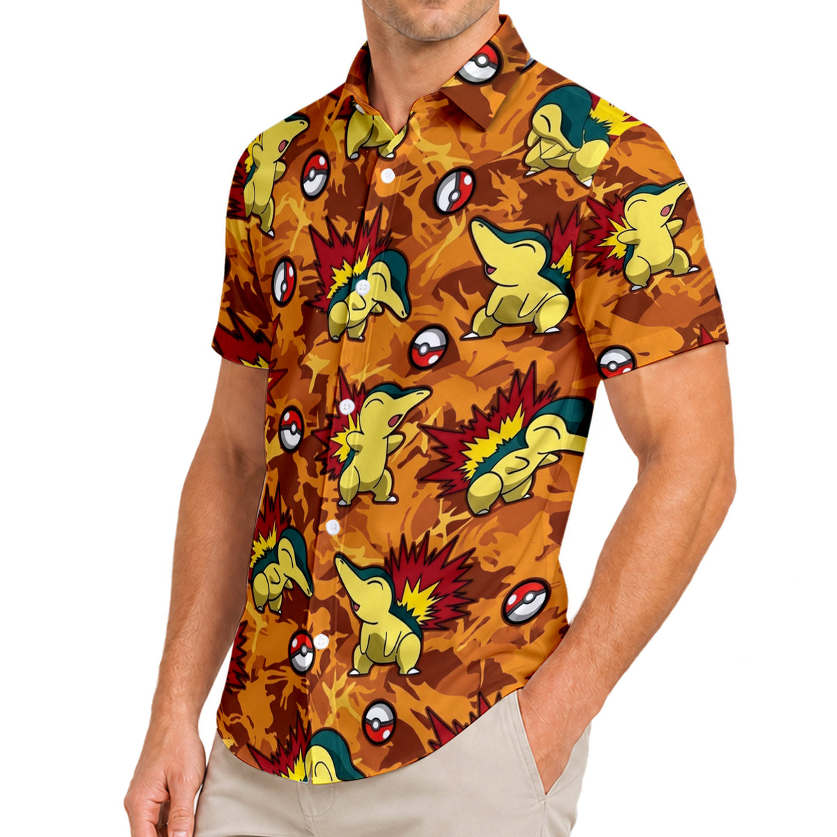 Pokémon Cyndaquil and Poké Ball Pattern Short Sleeve Button-Up Shirt