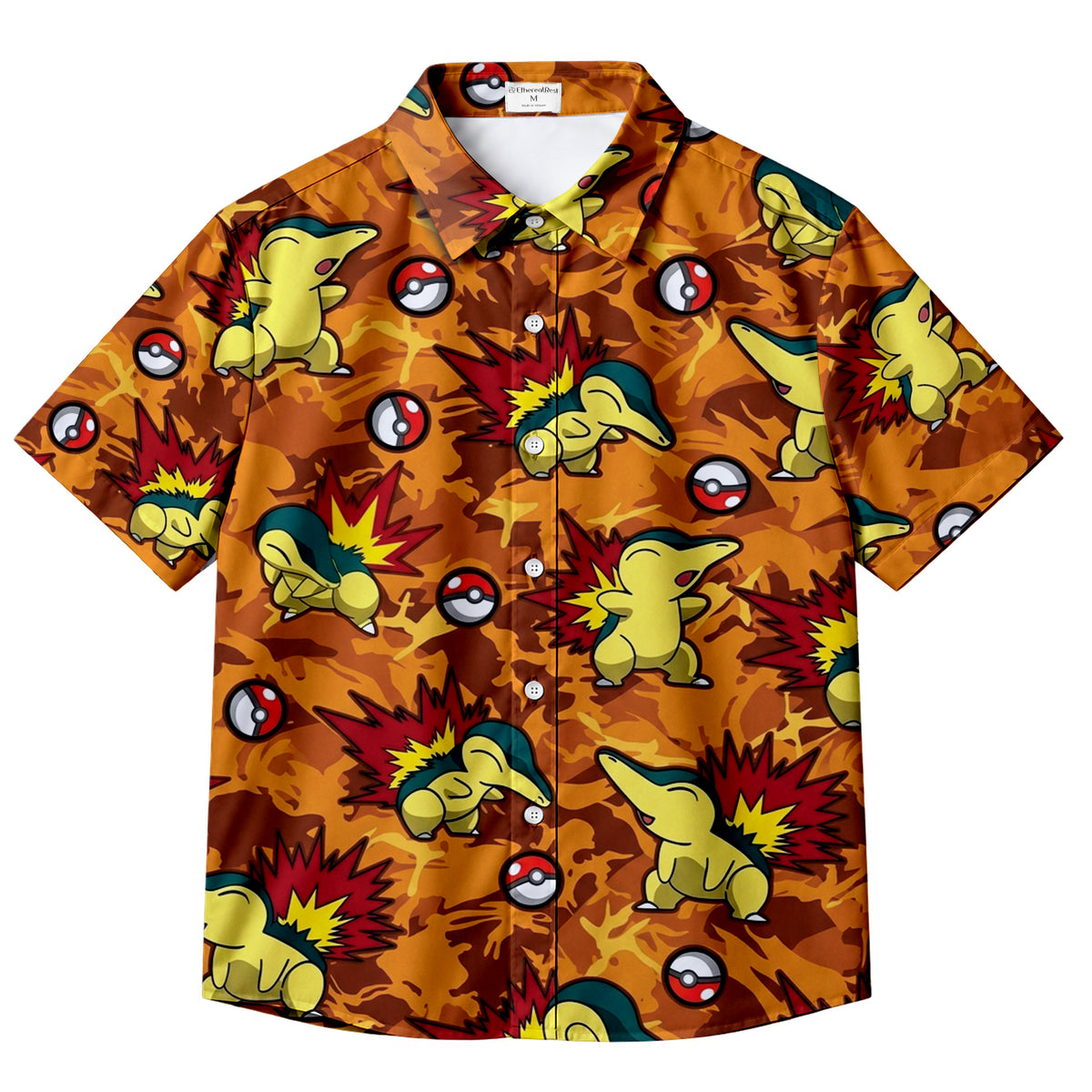 Pokémon Cyndaquil and Poké Ball Pattern Short Sleeve Button-Up Shirt