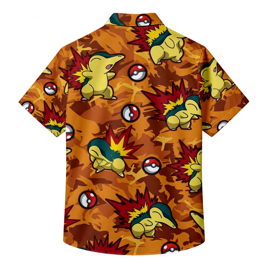 Pokémon Cyndaquil and Poké Ball Pattern Short Sleeve Button-Up Shirt