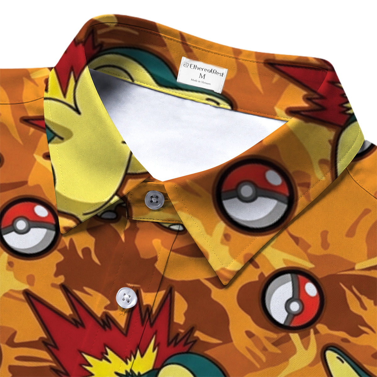 Pokémon Cyndaquil and Poké Ball Pattern Short Sleeve Button-Up Shirt