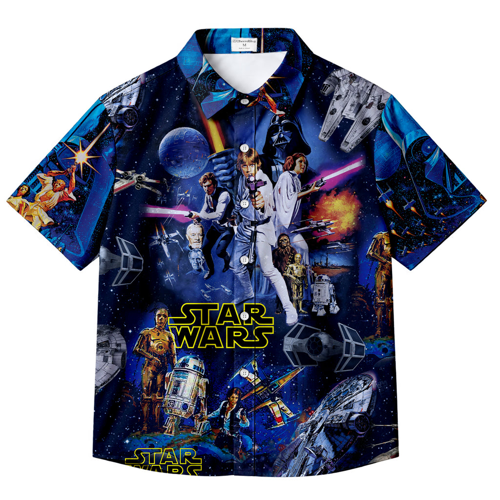 Navy Blue Star Wars Characters Spaceships Galaxy Collage Short Sleeve Button-Up Shirt