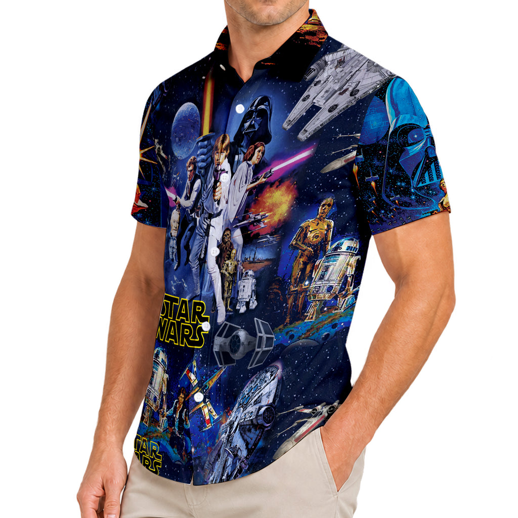 Navy Blue Star Wars Characters Spaceships Galaxy Collage Short Sleeve Button-Up Shirt