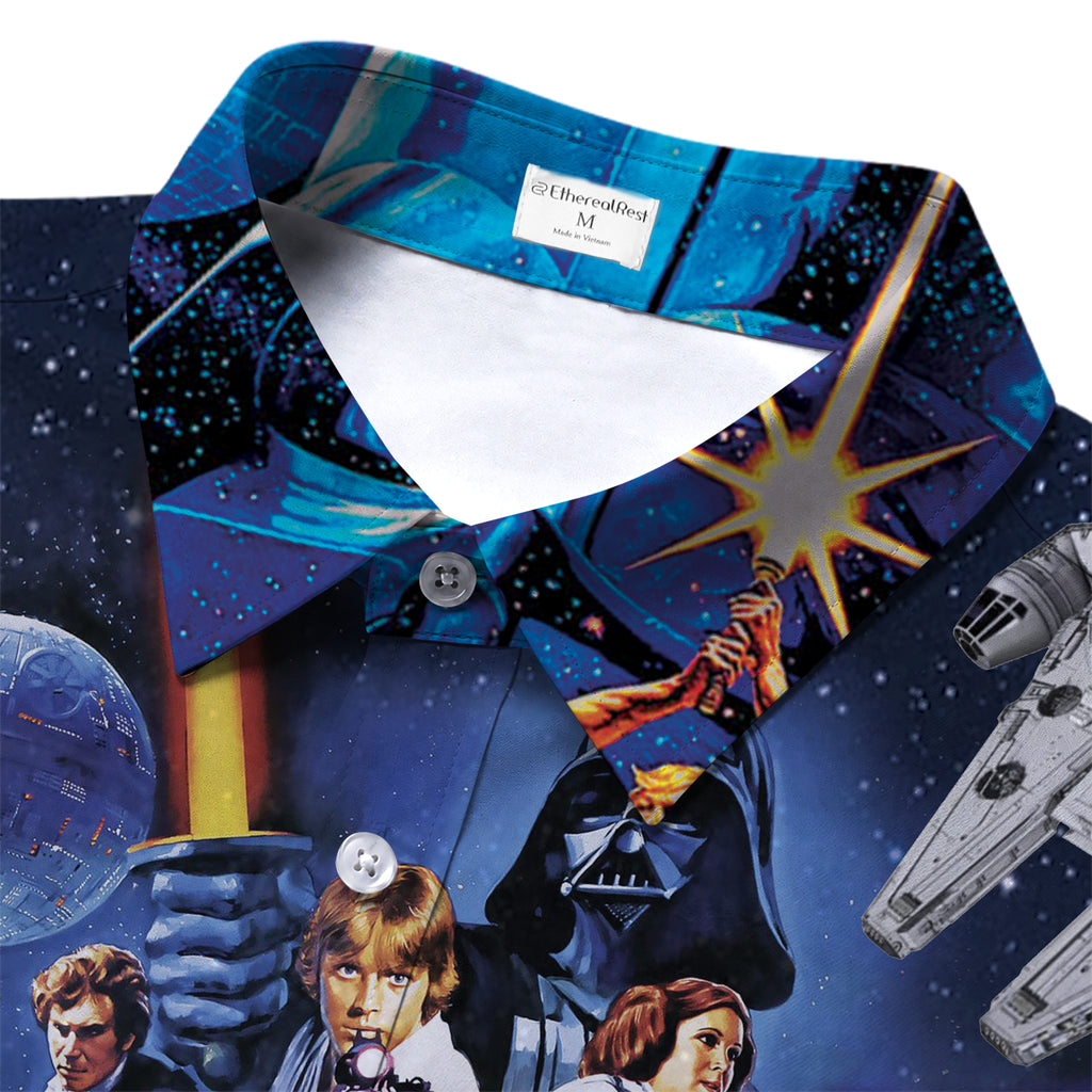 Navy Blue Star Wars Characters Spaceships Galaxy Collage Short Sleeve Button-Up Shirt
