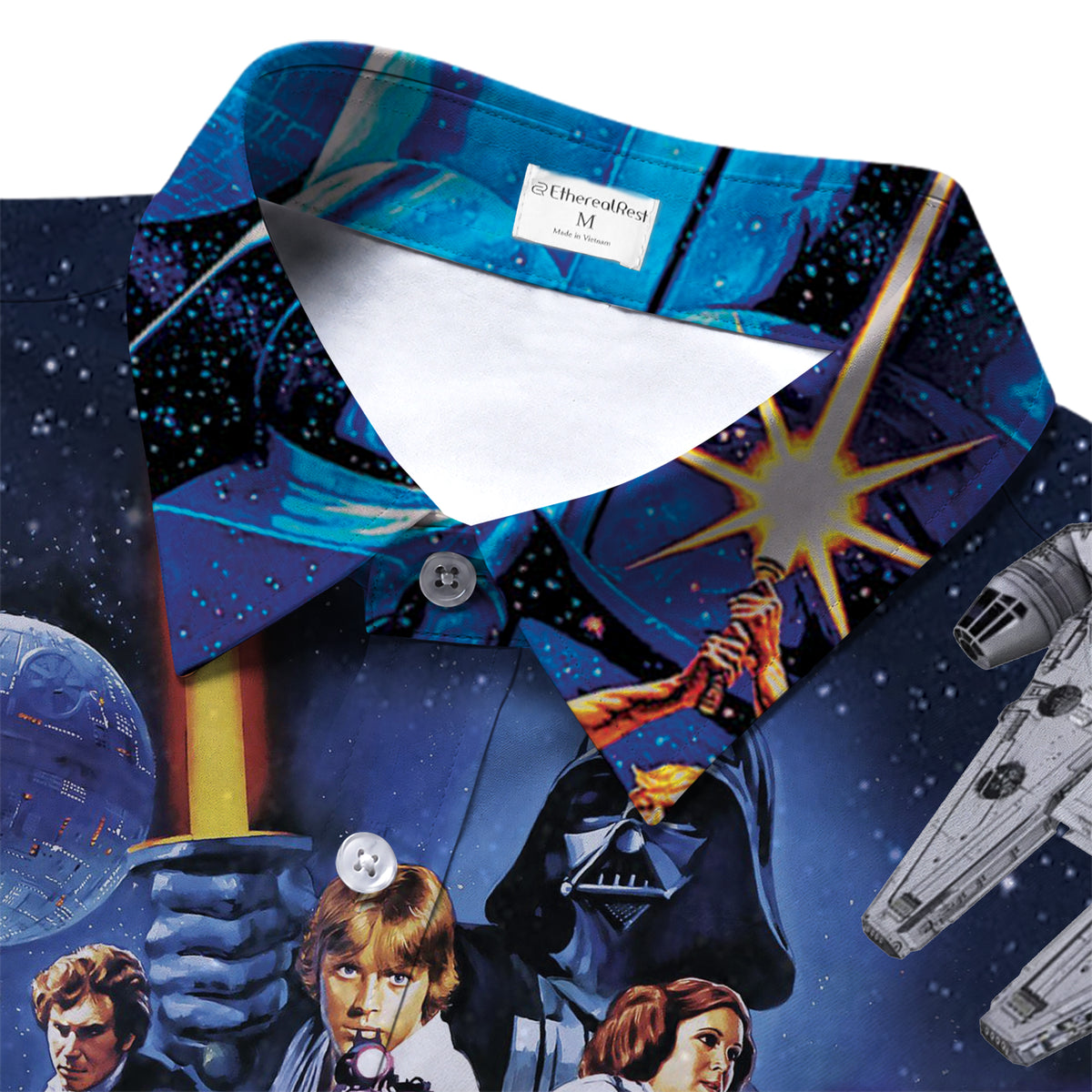 Navy Blue Star Wars Characters Spaceships Galaxy Collage Short Sleeve Button-Up Shirt