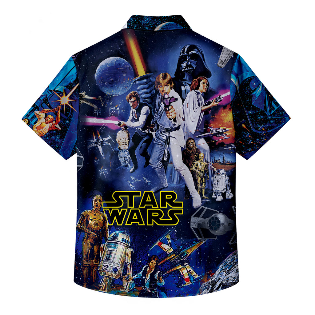 Navy Blue Star Wars Characters Spaceships Galaxy Collage Short Sleeve Button-Up Shirt