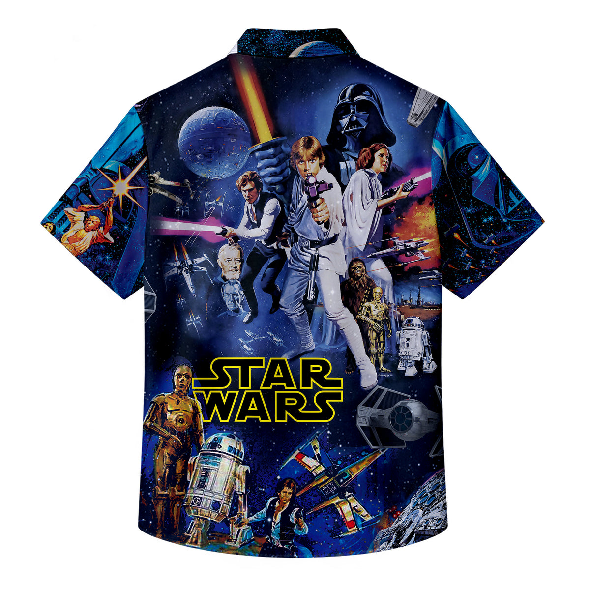 Navy Blue Star Wars Characters Spaceships Galaxy Collage Short Sleeve Button-Up Shirt