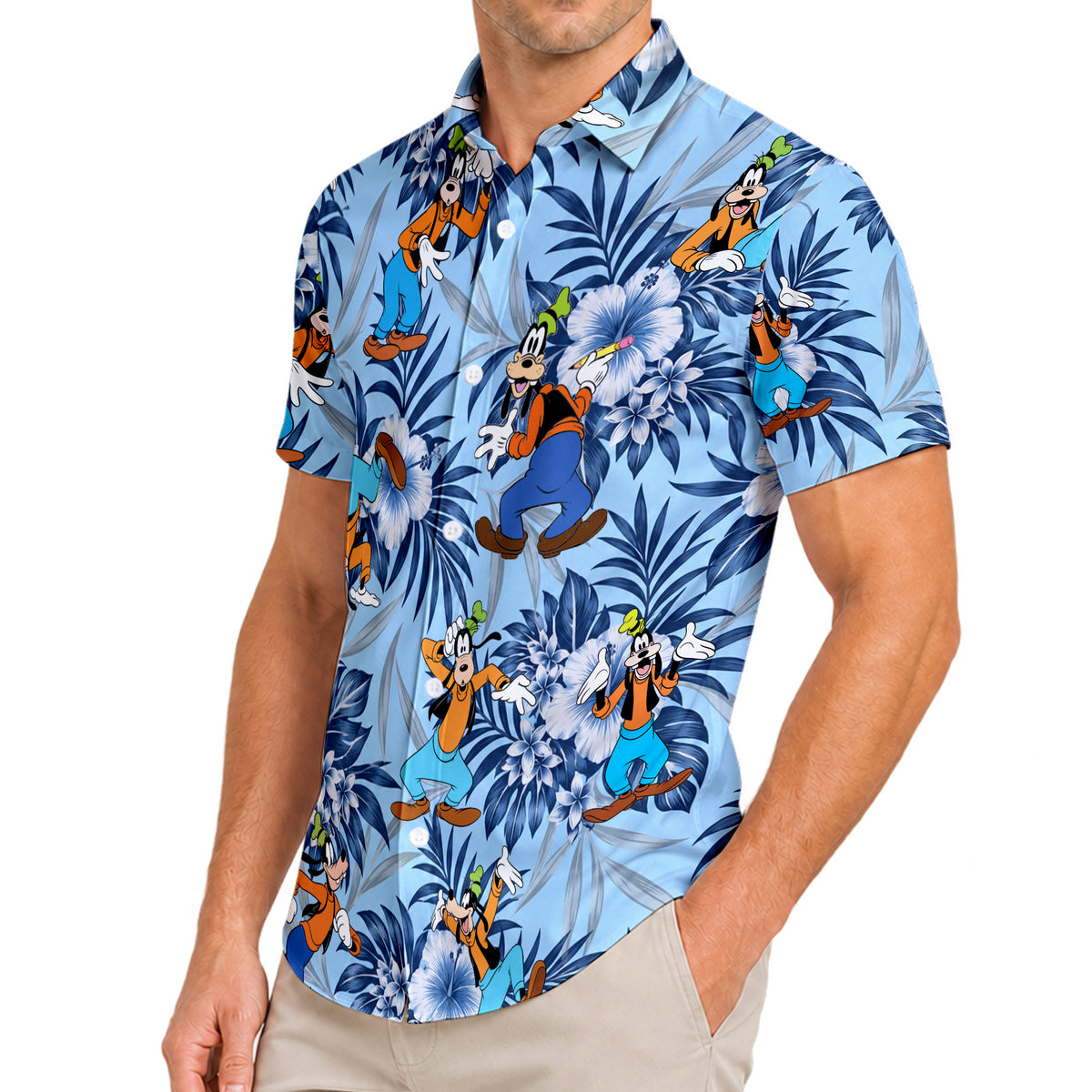 Light Blue Disney Goofy Tropical Floral Character Pattern Short Sleeve Button-Up Shirt