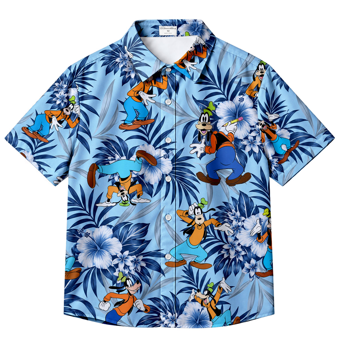 Light Blue Disney Goofy Tropical Floral Character Pattern Short Sleeve Button-Up Shirt