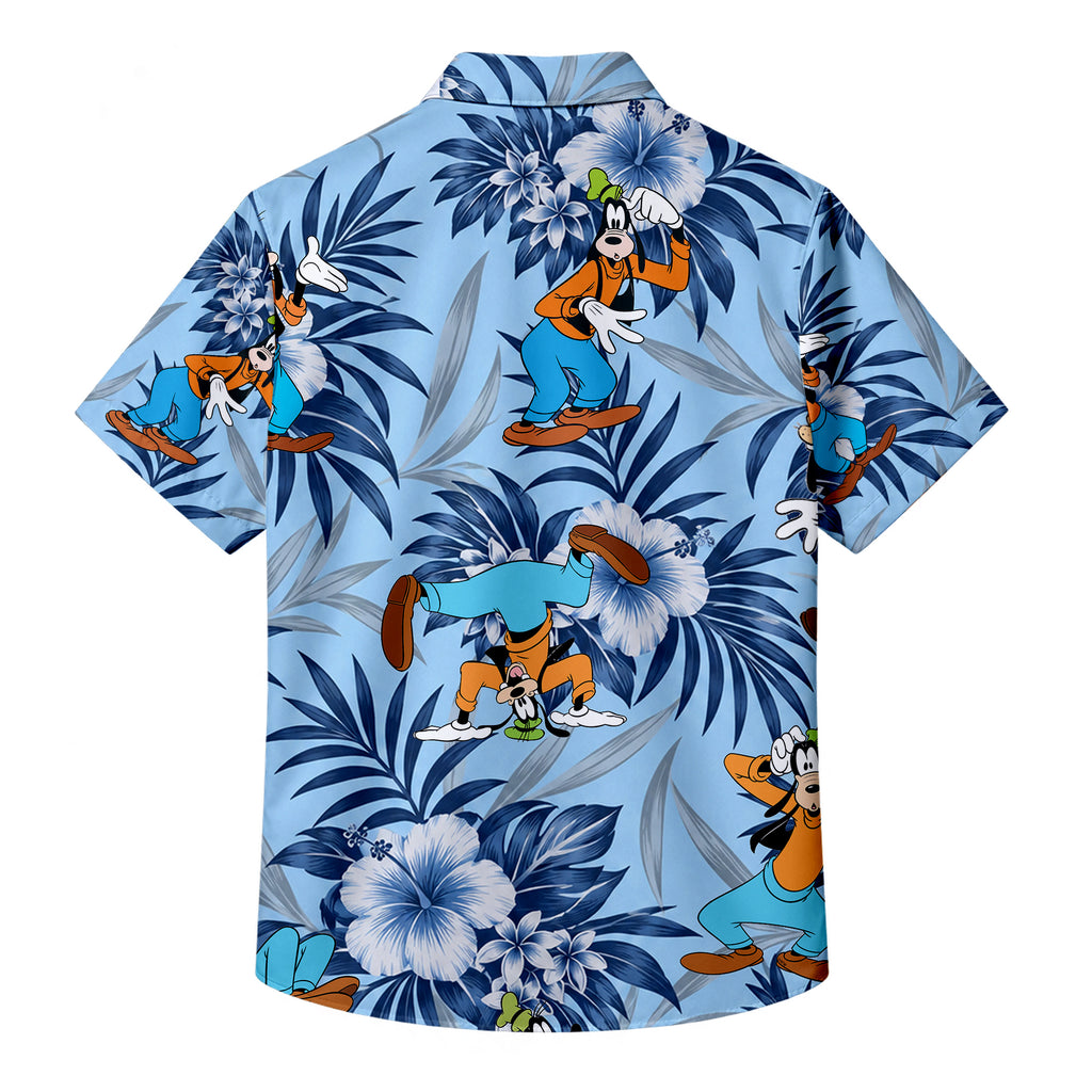 Light Blue Disney Goofy Tropical Floral Character Pattern Short Sleeve Button-Up Shirt