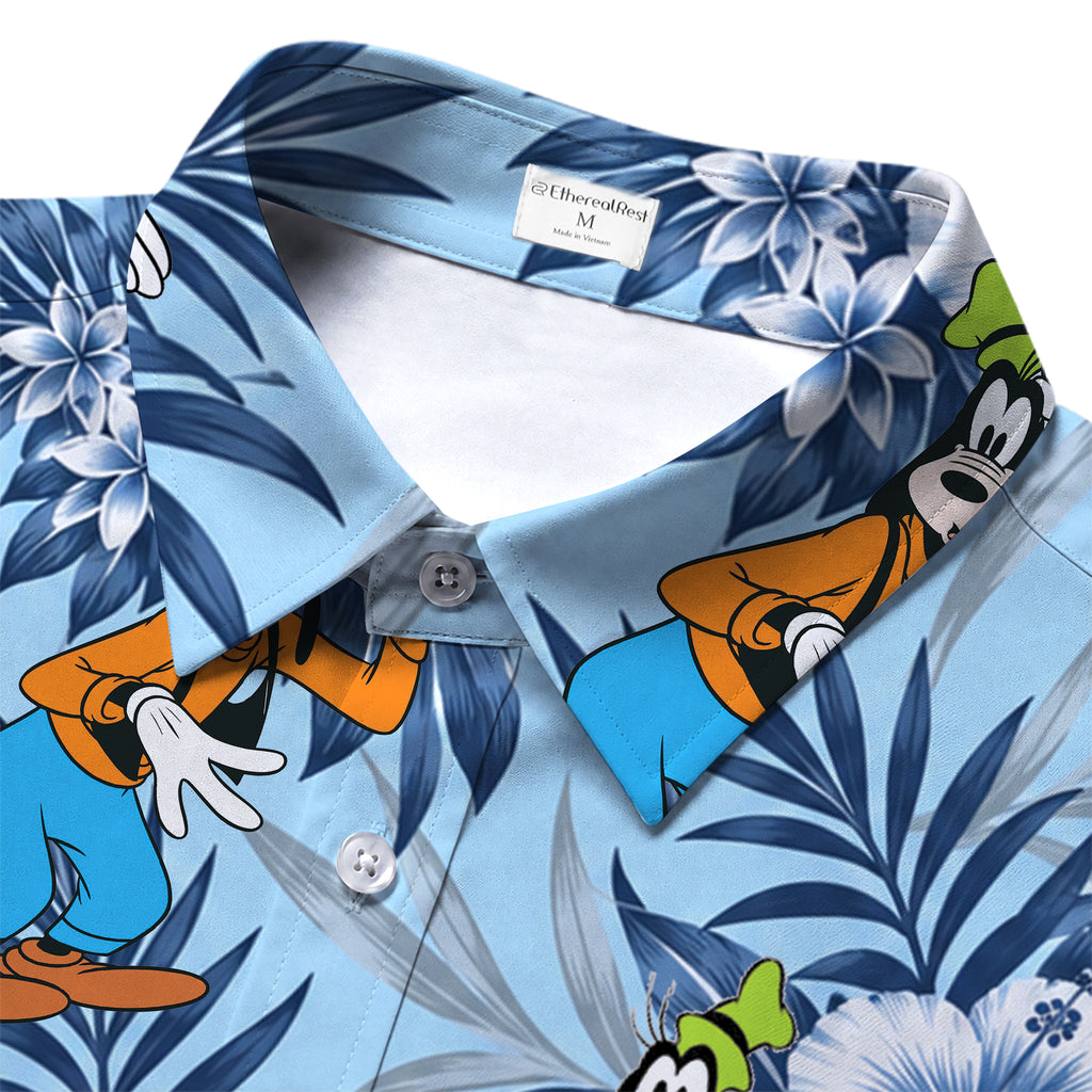 Light Blue Disney Goofy Tropical Floral Character Pattern Short Sleeve Button-Up Shirt