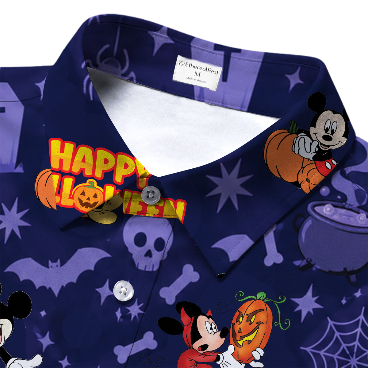 Navy Blue Mickey Mouse Minnie Halloween Pumpkin Pattern Short Sleeve Button-Up Shirt