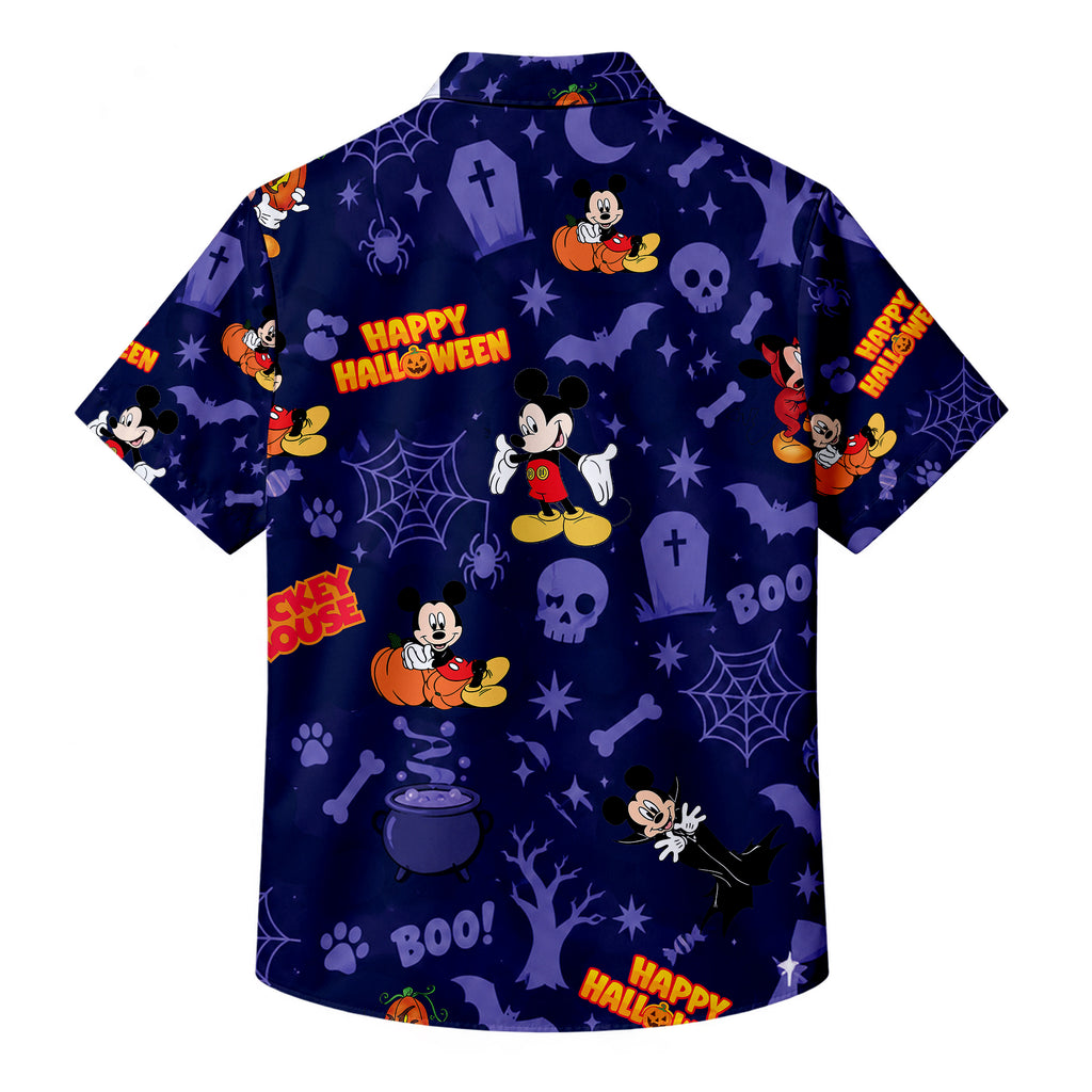 Navy Blue Mickey Mouse Minnie Halloween Pumpkin Pattern Short Sleeve Button-Up Shirt